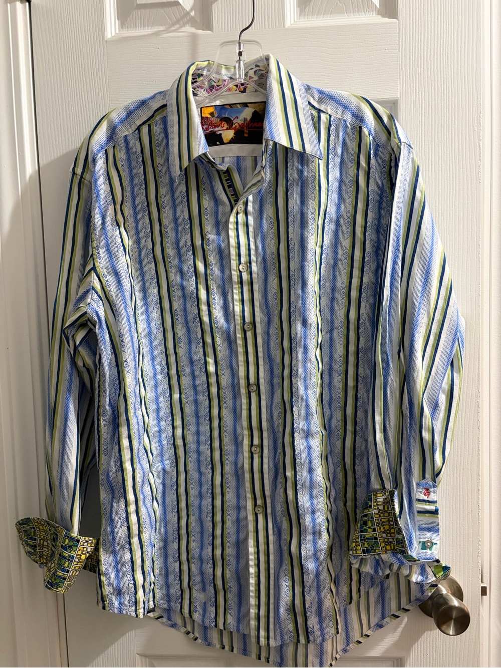 Robert Graham Blue and Green Vertical Stripe Button-Down Shirt